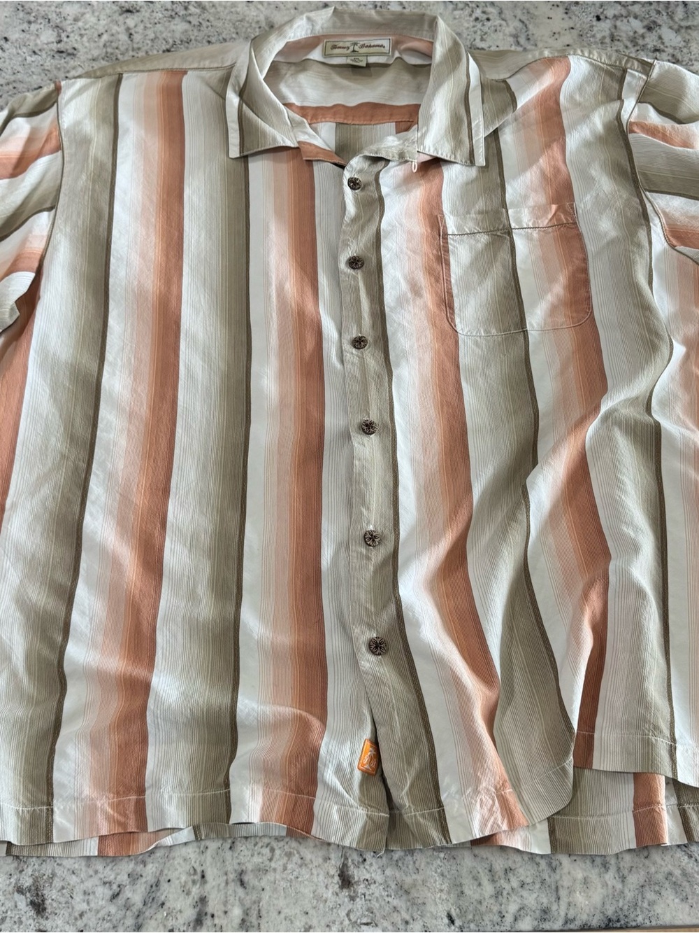 Tommy Bahama Peach, Beige & White Vertical Stripe Button-Down Shirt